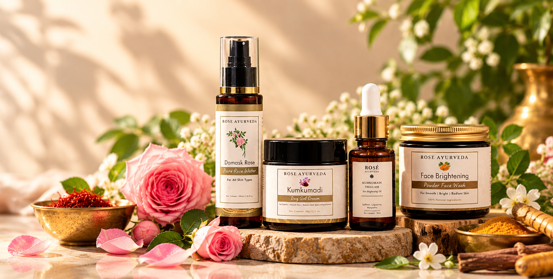 Ayurvedic skincare with rose petals, tulsi and turmeric