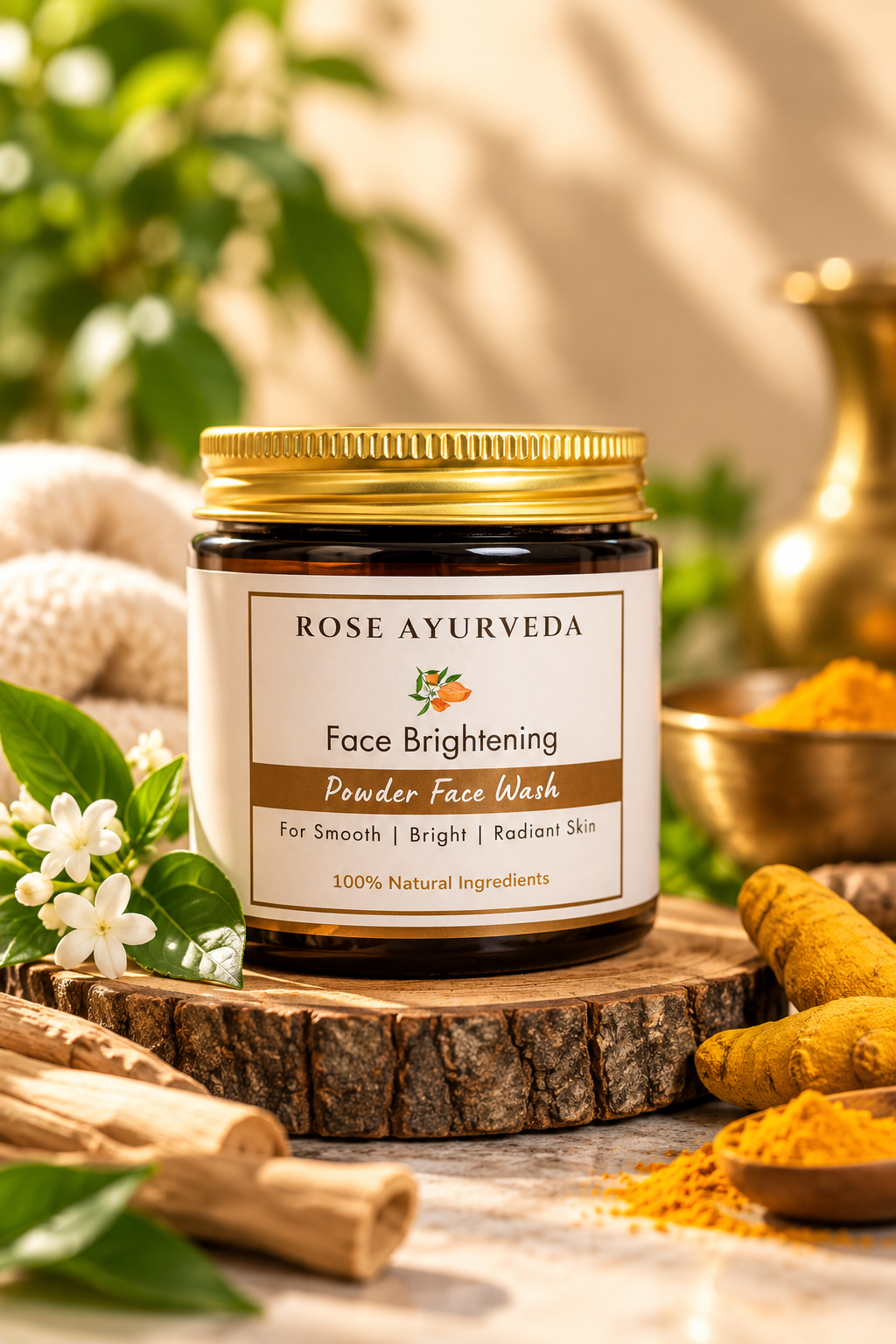 Herbal powder in a ceramic jar with sandalwood and turmeric